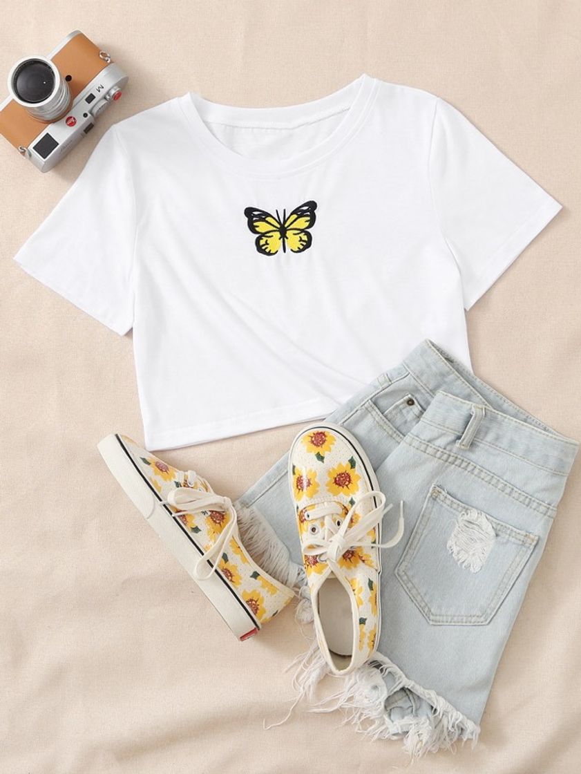 Moda Camiseta corta con bordado de mariposa