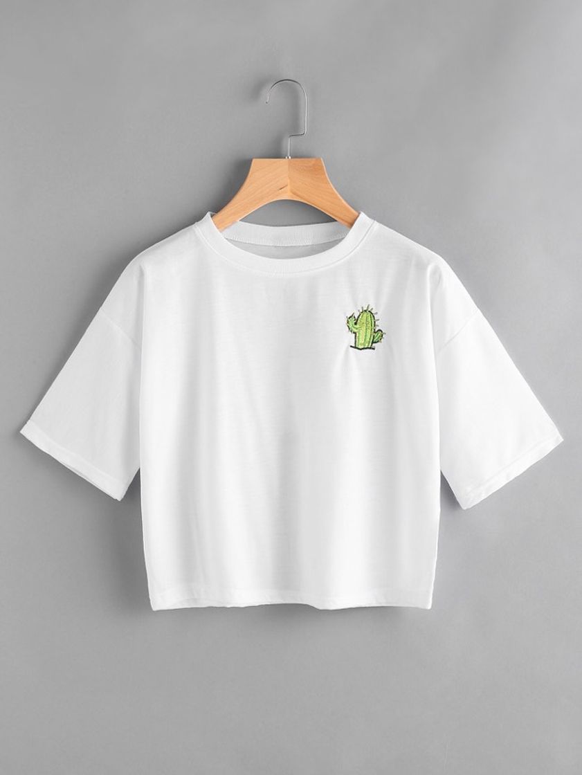 Moda Camiseta de espalda con estampado de lema bordada de cactus