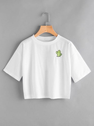 Camiseta de espalda con estampado de lema bordada de cactus