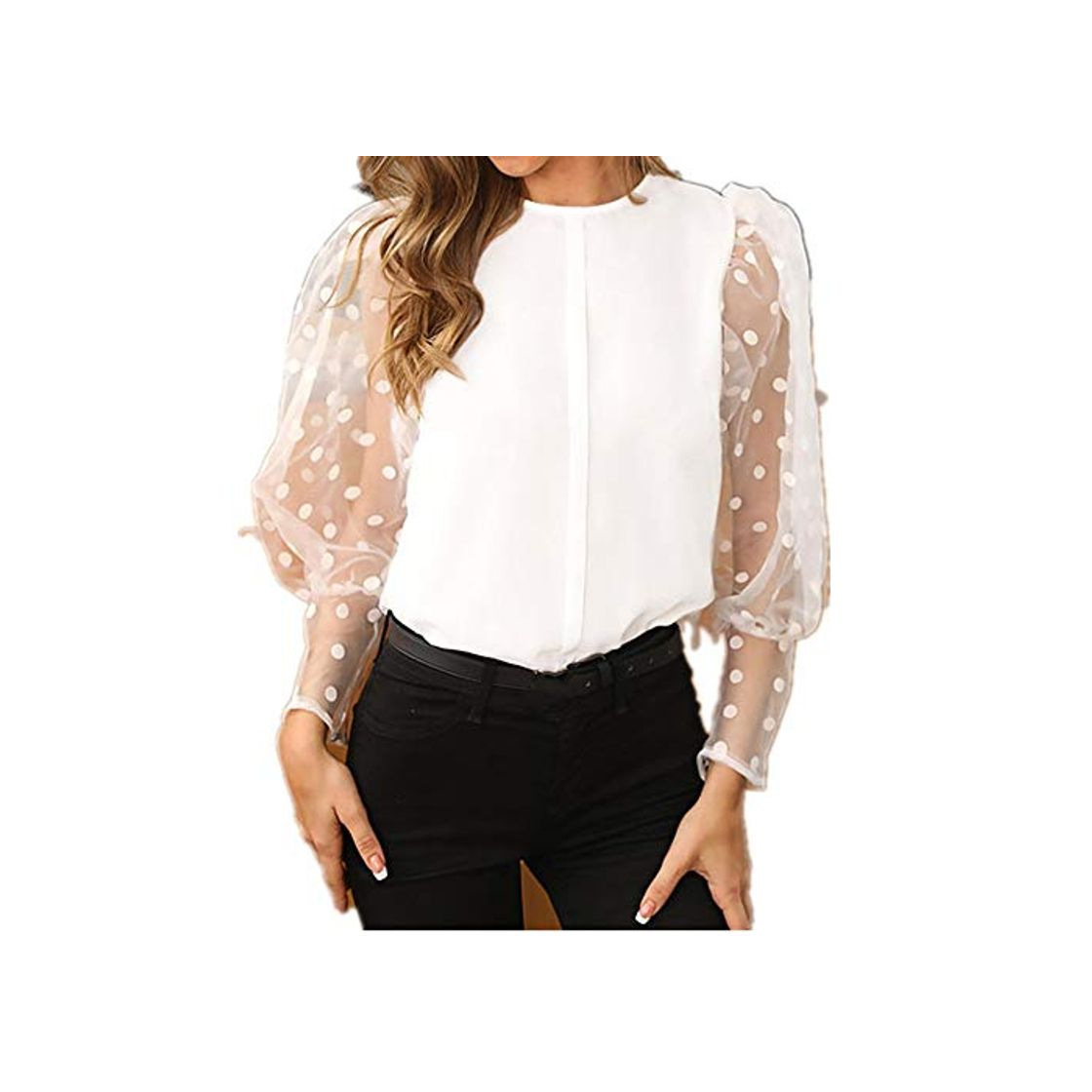 Product Blusa de Malla para Mujer Blusas con Manga de Linterna Sexy Camisas con Cuello Redondo con Estampado de Lunares