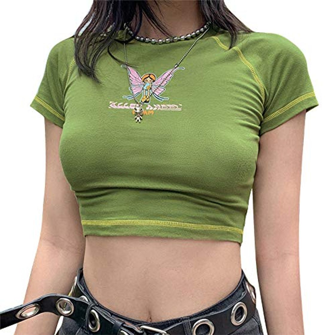 Moda GuliriFe Mujeres E Niñas Ropa Mariposa Impresión Gráfica Stich Manga Corta Y2K Crop Top para Teen Girls Verano Green Short Sleeve M