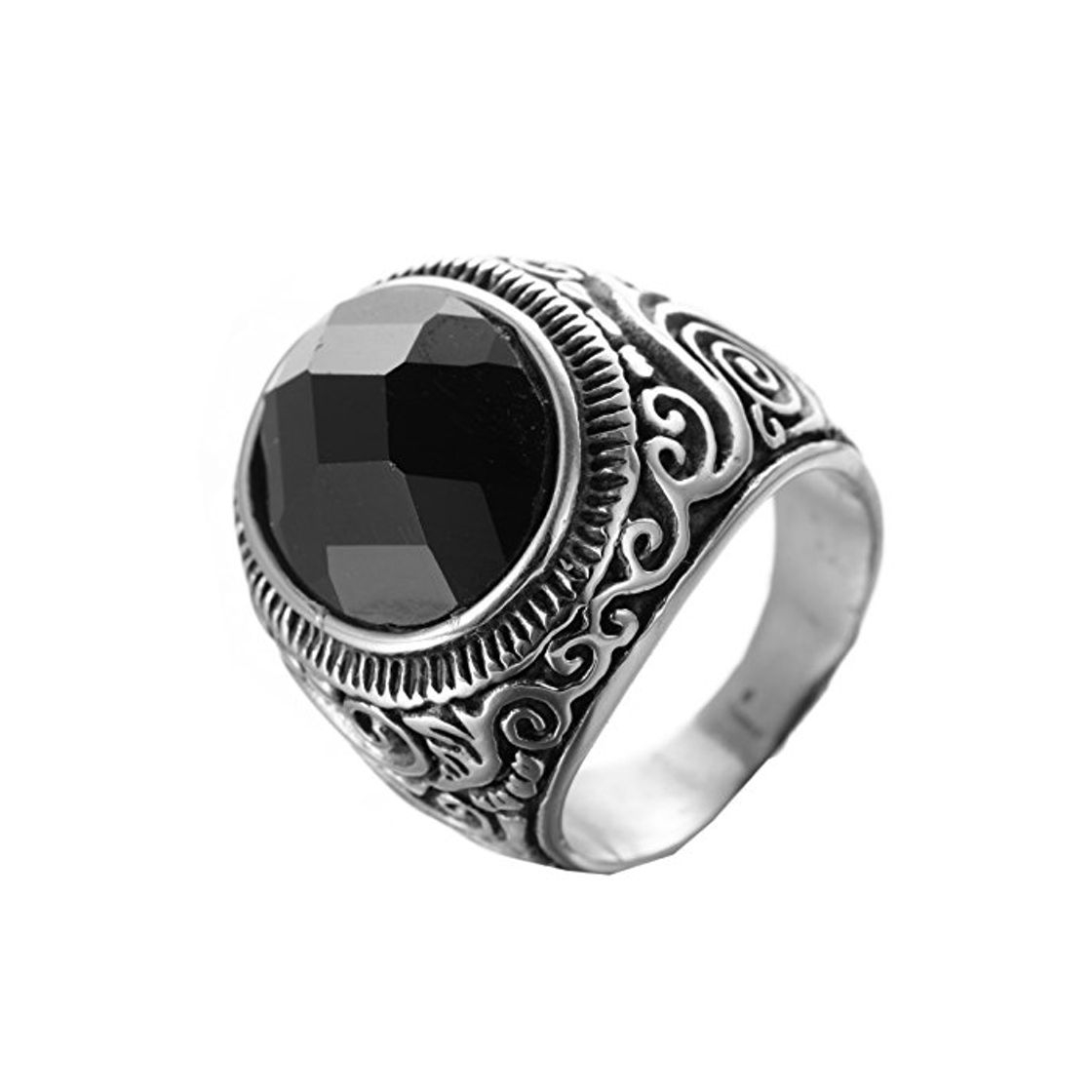 Producto PMTIER Hombres Acero Inoxidable Vendimia Grabado Patrón Anillo De Piedras Preciosas Negro 19