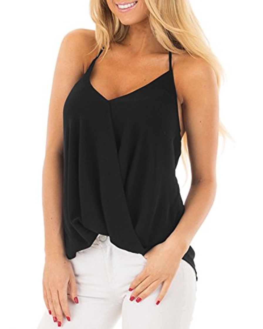 Product ACHIOOWA Mujer Camiseta Sin Manga Cuello V Blusa De Tirantes Sin Hombros Tanque Espalda Descubierta Escote Camisola Casual Chaleco Elegante Playa Beachwear Sundress Negro L