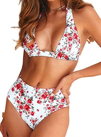 Bikini de Mujer Conjunto de 2 Piezas de Cuello Halter Traje de Baño de Estampado Floral de Cintura Alta para el Verano