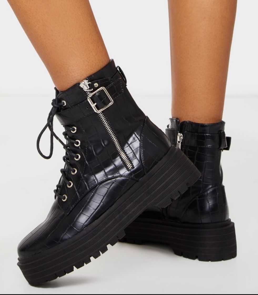 Social Black Double Sole Lace Up Buckle Biker Boot