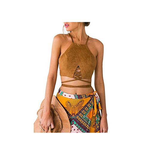 WDFSER Mujeres Recortadas Top Bustier Tank Tops Off Hombro Chaleco Atractivo Señora Halter Summer Beach Chaleco Croped Tops de Verano