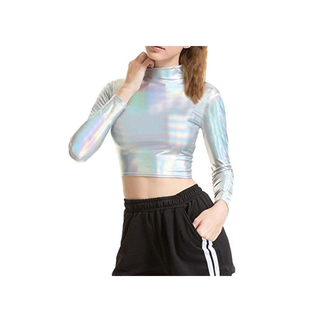 Products Juleya Mujeres Glitter Lentejuelas Camiseta Mujer Brillante Patente de Cuero de Manga Larga Cuello Cuello Alto Crop Top para Fiesta Desgaste Diario Láser