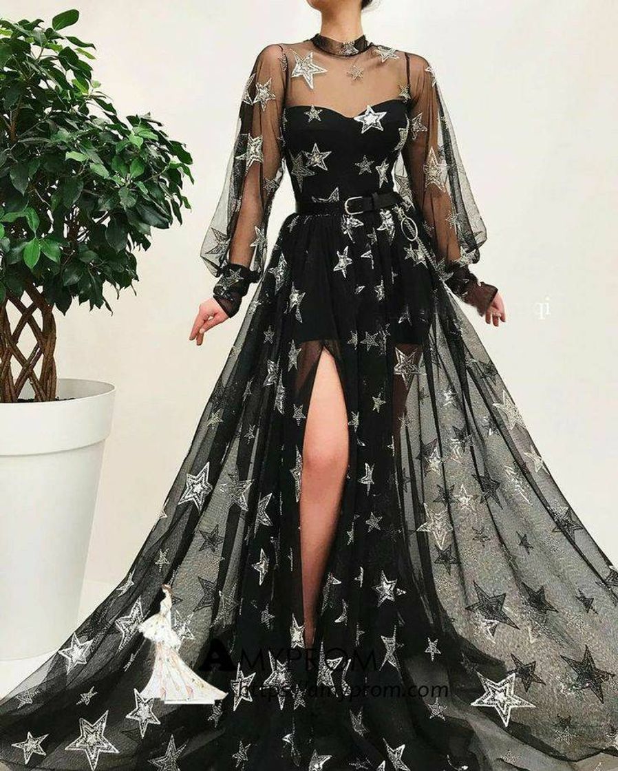 Social Black High Neck Long Prom Dress With Star Sparkly Long Sleev
