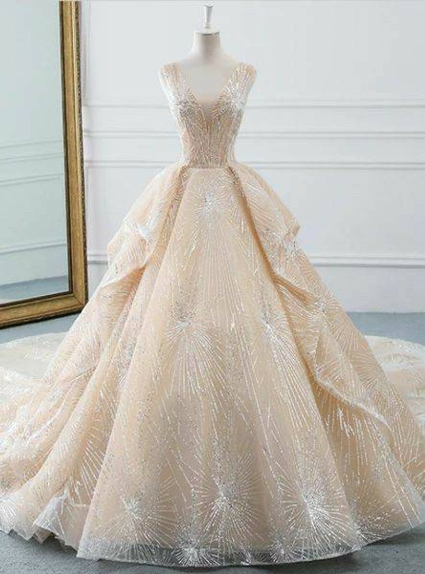 Social Champagne Ball Gown V-Neck Tulle Sequins Bling Bling Wedding