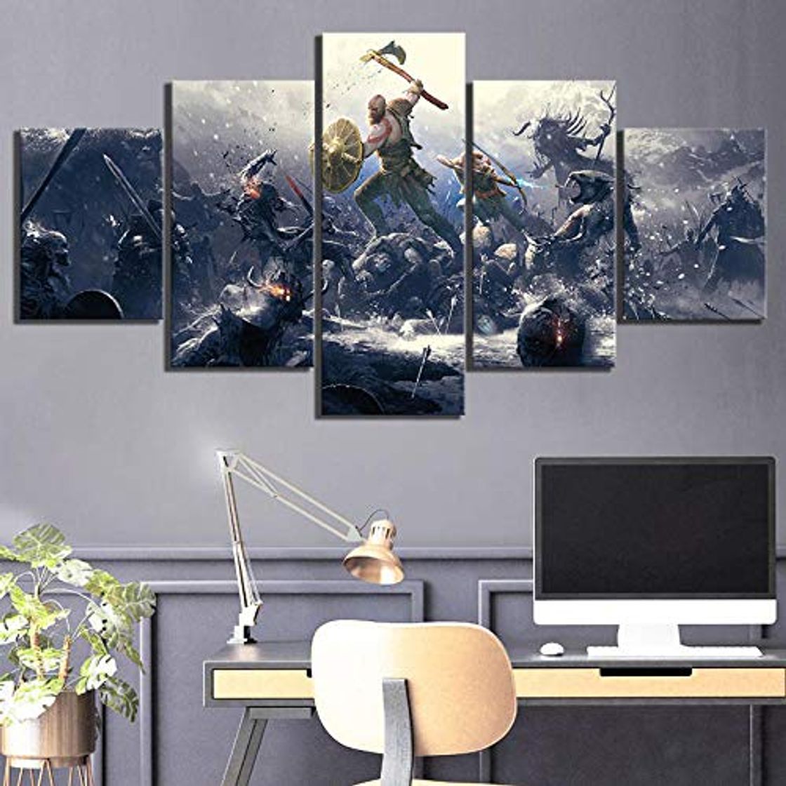 Products CHHYY 5 piezas pintura en lienzo papel tapiz pared HD póster Juego de personajes de dibujos animados God of War Impresión sala estar decoración del hogar moderna para pared del ho 200×100cm（sin marco）