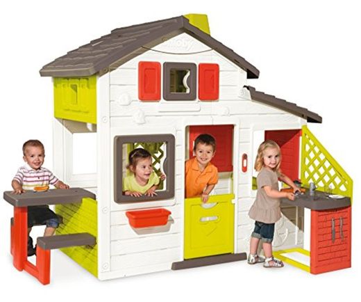 Smoby-810200 Casa Friends House con Cocina Exterior, Color Verde/Gris/Rojo/Blanco, 217 x 155