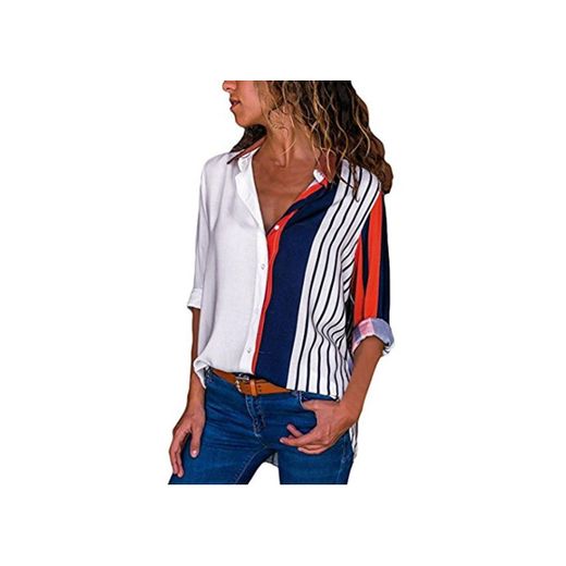 Overdose Blusa para Mujer OtoñO Primavera Nueva Mejor Venta De Moda Casual De Manga Larga Color Block Stripe Button Camisetas Tops