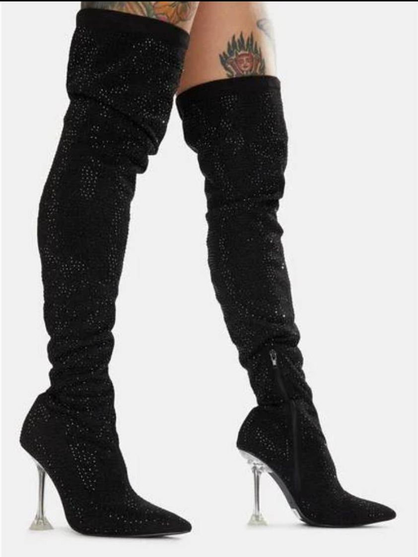 Fashion Patent Triangle Heel Thigh High Boots Black | Dolls Kill