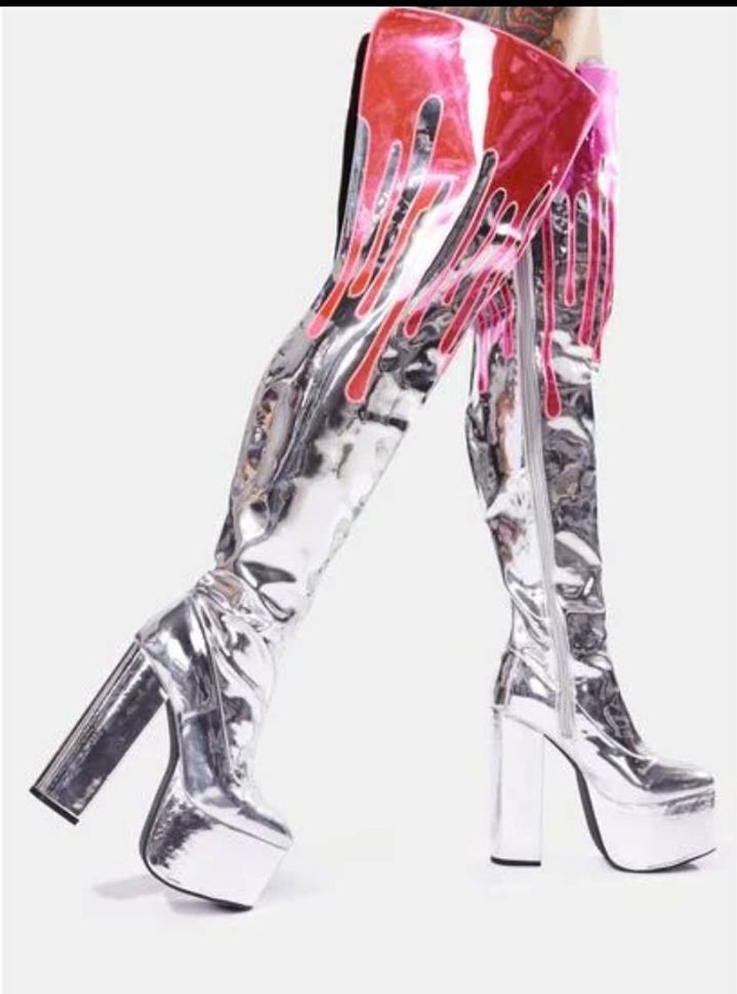 Fashion Club Exx Pink Slime Metallic Thigh High Platform Boots - Silver ...