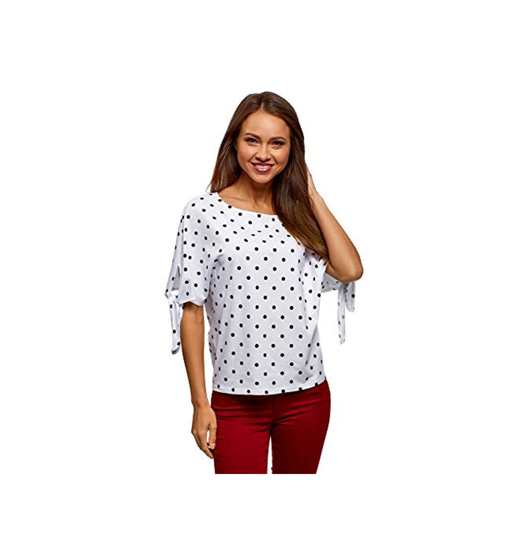 Product oodji Ultra Mujer Camiseta Estampada con Lazos, Blanco, ES 38