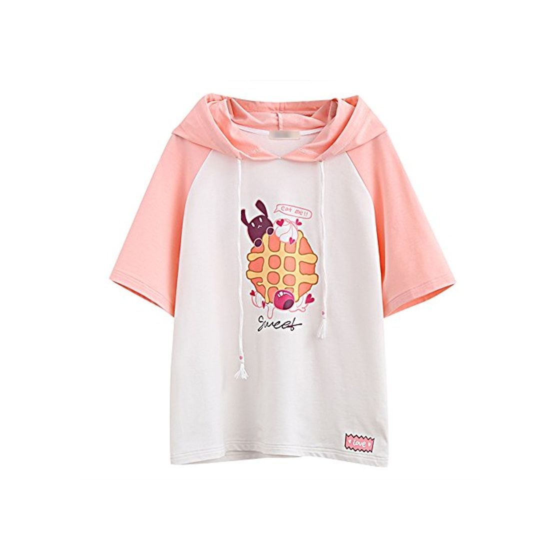 Social Rabbit Ear Hooded Raglan Camiseta Rosa de Manga Corta de Las Mujeres