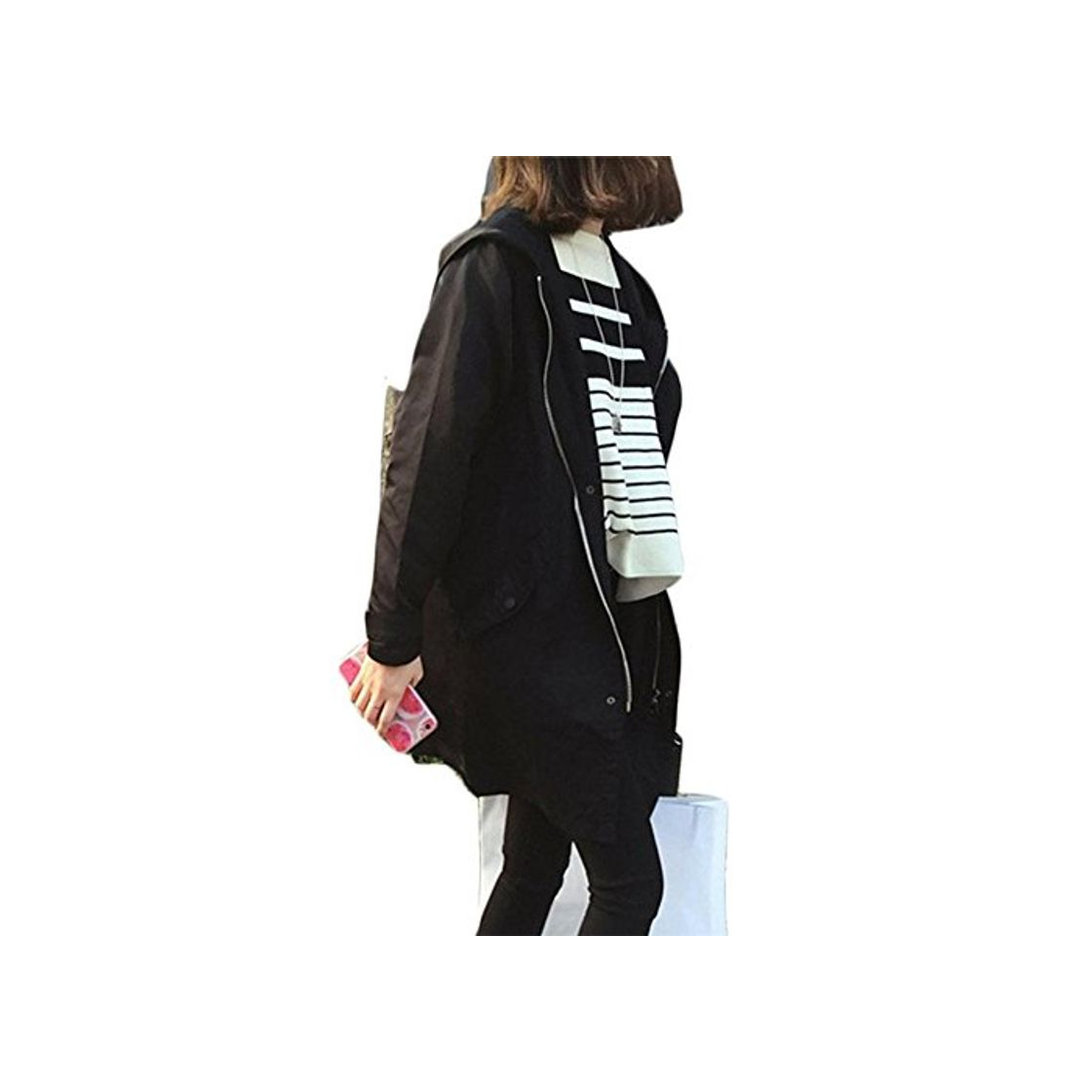 Social Jannyshop Abrigo de Mujer Moda Coreana Mujeres Primavera Otoño Abrigo Holgado Outer Ear Print Chaqueta Larga Mujer Negro