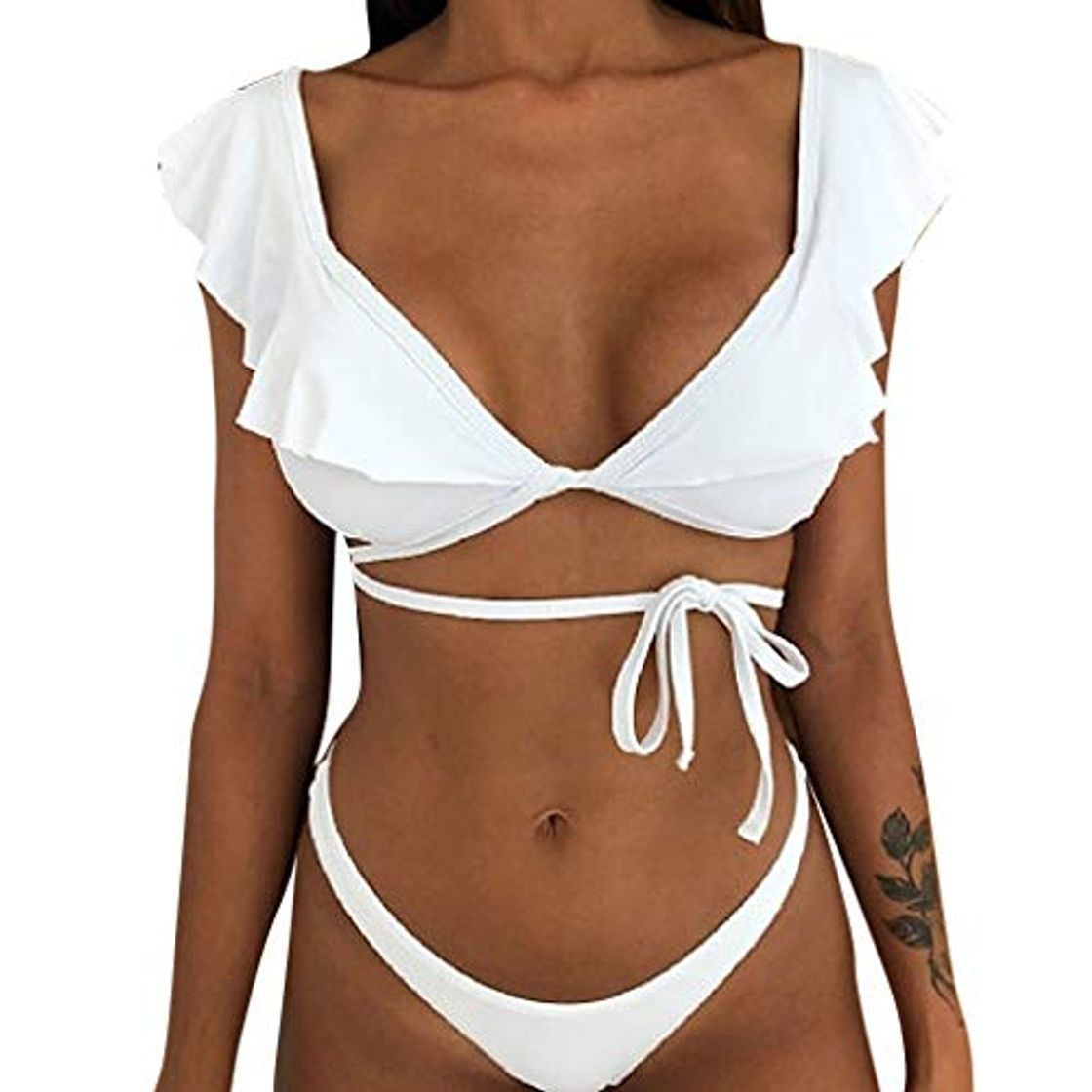 Social MORETIME Vendimia con Volantes de Mujer Vendaje con Volantes Estampado brasileño Bohemio Sexy Bikini Halter Collar Bikini Traje de baño de Dos Piezas