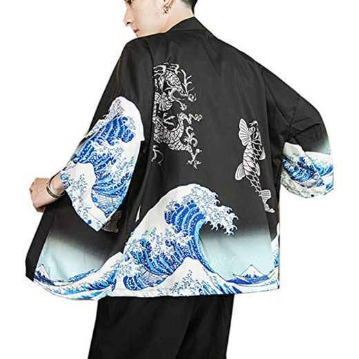 Hombres Vintage Japonés Kimono Camisa Haori Cloak Abrigo Estampado Manga Larga Holgado Cárdigan