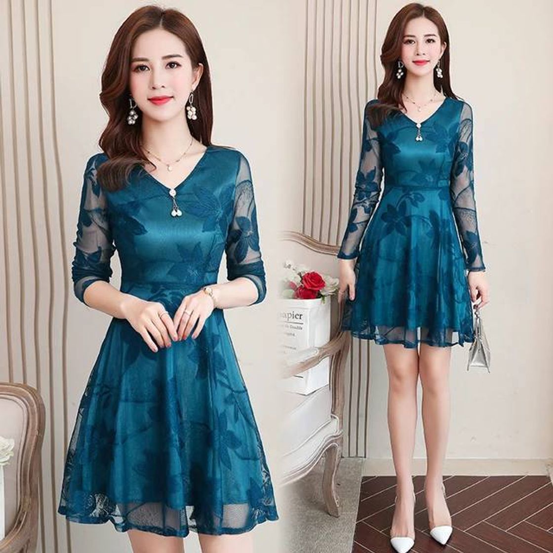 Social Moda coreana vestido azul curto manga longa