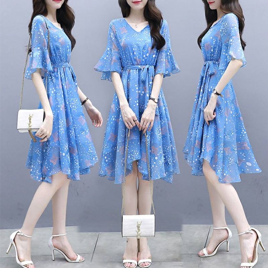 Social Vestido de chiffon longo azul