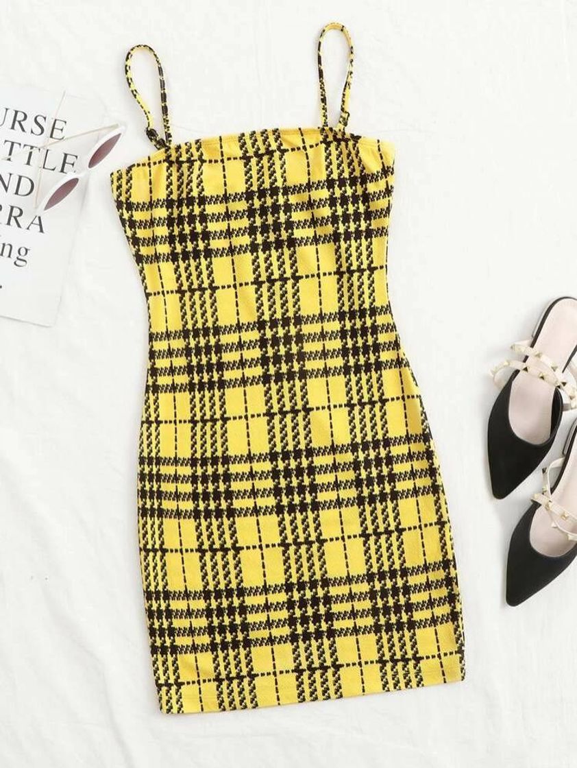 Social Vestido curto xadrez amarelo e preto