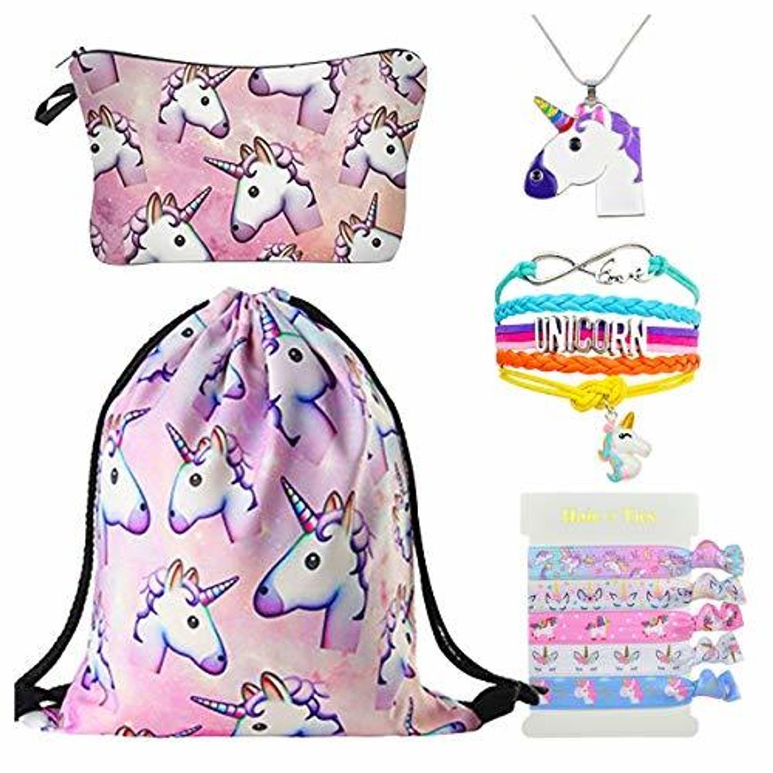 Products DRESHOW Unicorn Gifts for Girls Mochila con cordón/Maquillaje/Colgante Collar/Pulsera Pulsera