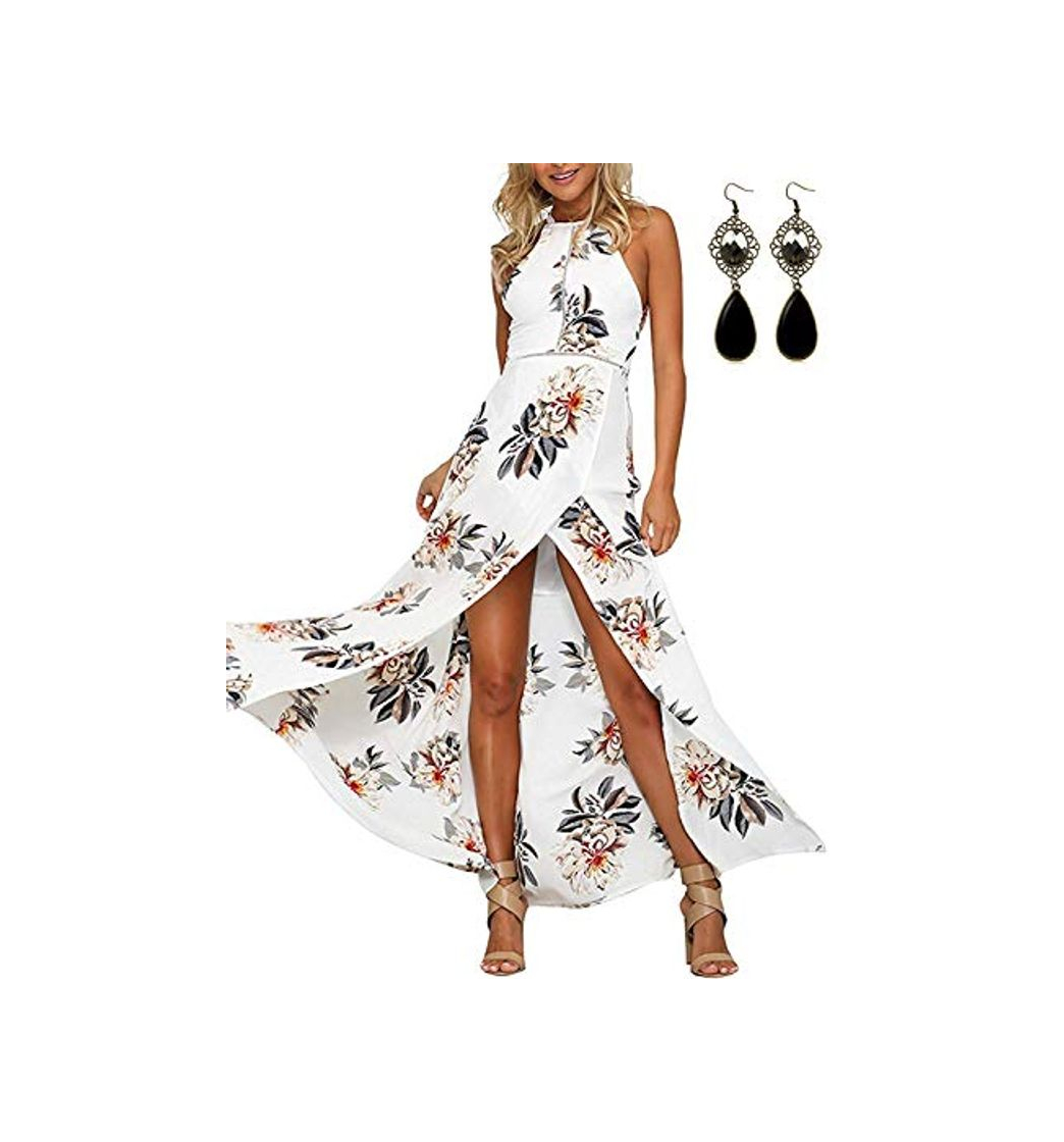 Moda MODETREND Mujer Vestido Largo de Sin Mangas Escotado por Detrás Maxi Vestidos Playa Playero Vacaciones y Coctel Partido Blanco S