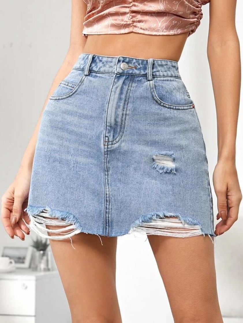 Social Faldas En Denim Bolsillo Liso Azul Casual