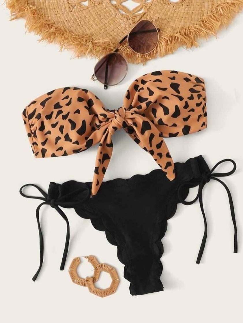 Social Set De Bikini Bandeau Con Nudo Delantero De Leopardo