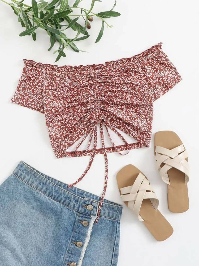 Social Off Shoulder Drawstring Front Lettuce Edge Crop Top