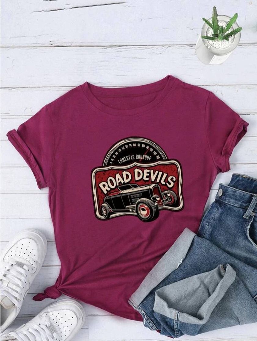 Social Camiseta De Cuello Redondo Con Letra Y Dibujo