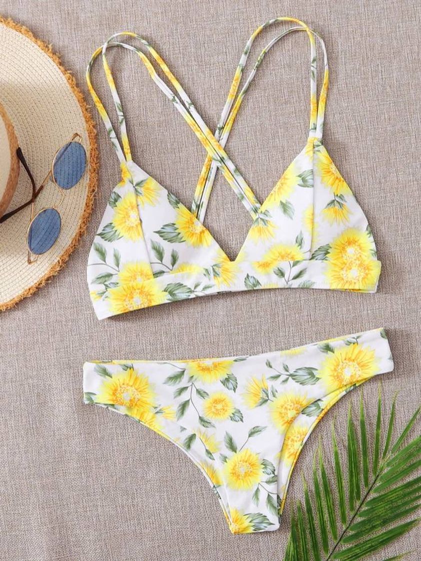 Social Bañador Bikini Con Tira Cruzada Con Estampado De Girasol

