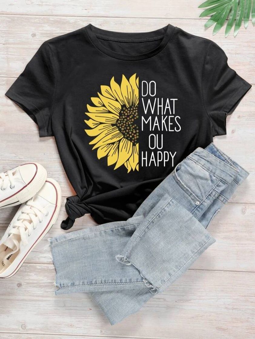 Social Camiseta Con Estampado De Slogan Y Girasol