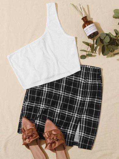 One Shoulder Rib-knit Top & Split Hem Plaid Skirt Set | SHEIN USA
