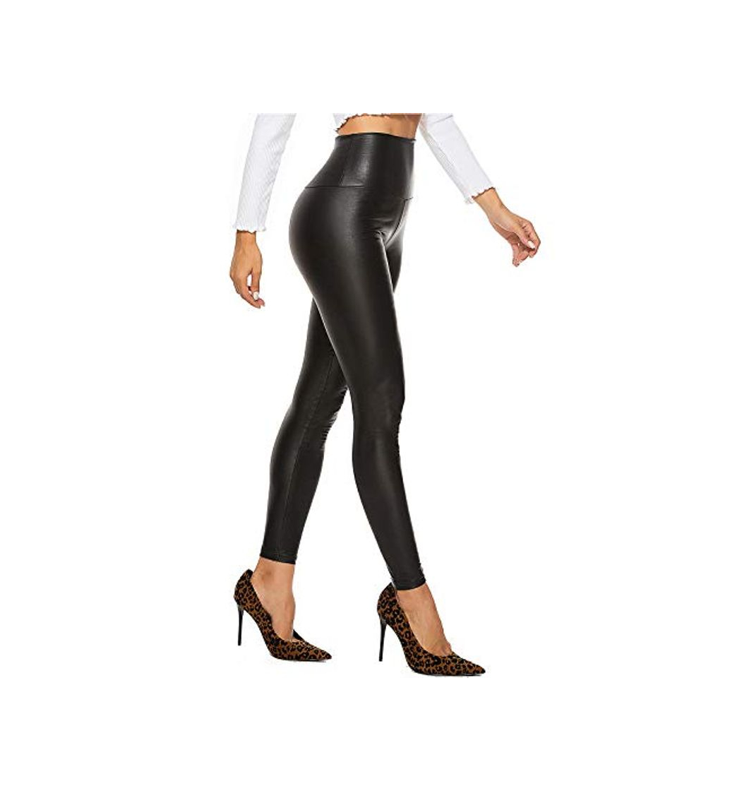 Social FITTOO PU Leggings Cuero Imitación Pantalón Elásticos Cintura Alta Push Up para Mujer #2 Clásico Negro Mate L