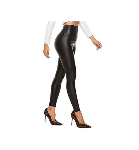 FITTOO PU Leggings Cuero Imitación Pantalón Elásticos Cintura Alta Push Up para Mujer #2 Clásico Negro Mate L