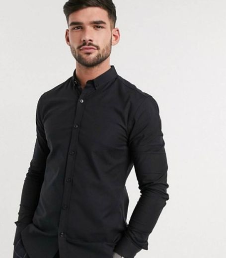 Camisa Oxford ajustada de manga larga en negro de New Look