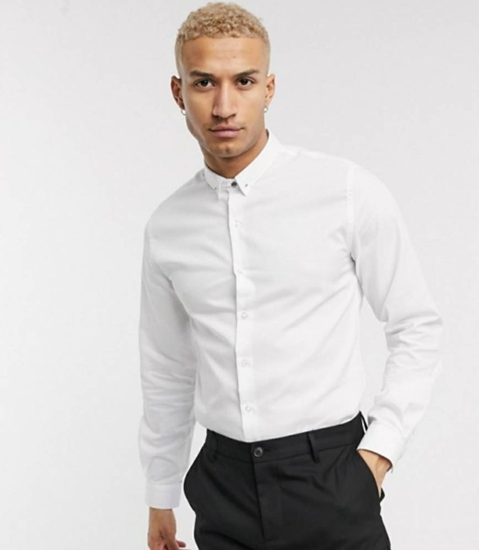 Social Camiseta de corte slim con barra en el cuello en blanco de S