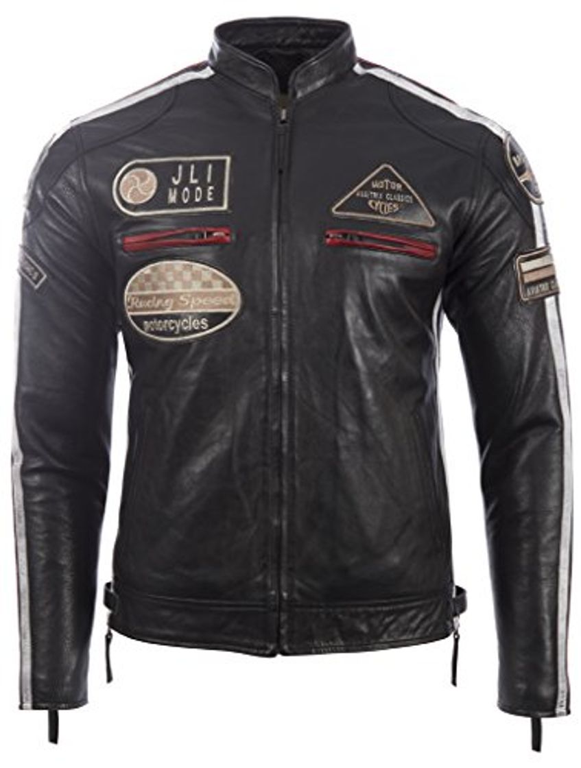 Product Aviatrix Chaqueta Biker De Cuero Autentico para Hombre con Cuello De Banda