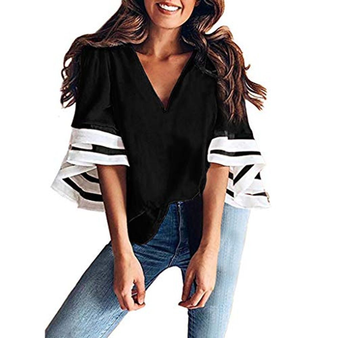 Fashion Women Summer Fashion V Neck Tops Three Quarter Sleeve Shirt Pullover Blouse Camisas Mujer Camiseta Estampada de Manga Larga con para Mujer Tallas Grandes Camisetas y Tops Camisa de Vestir Blusas