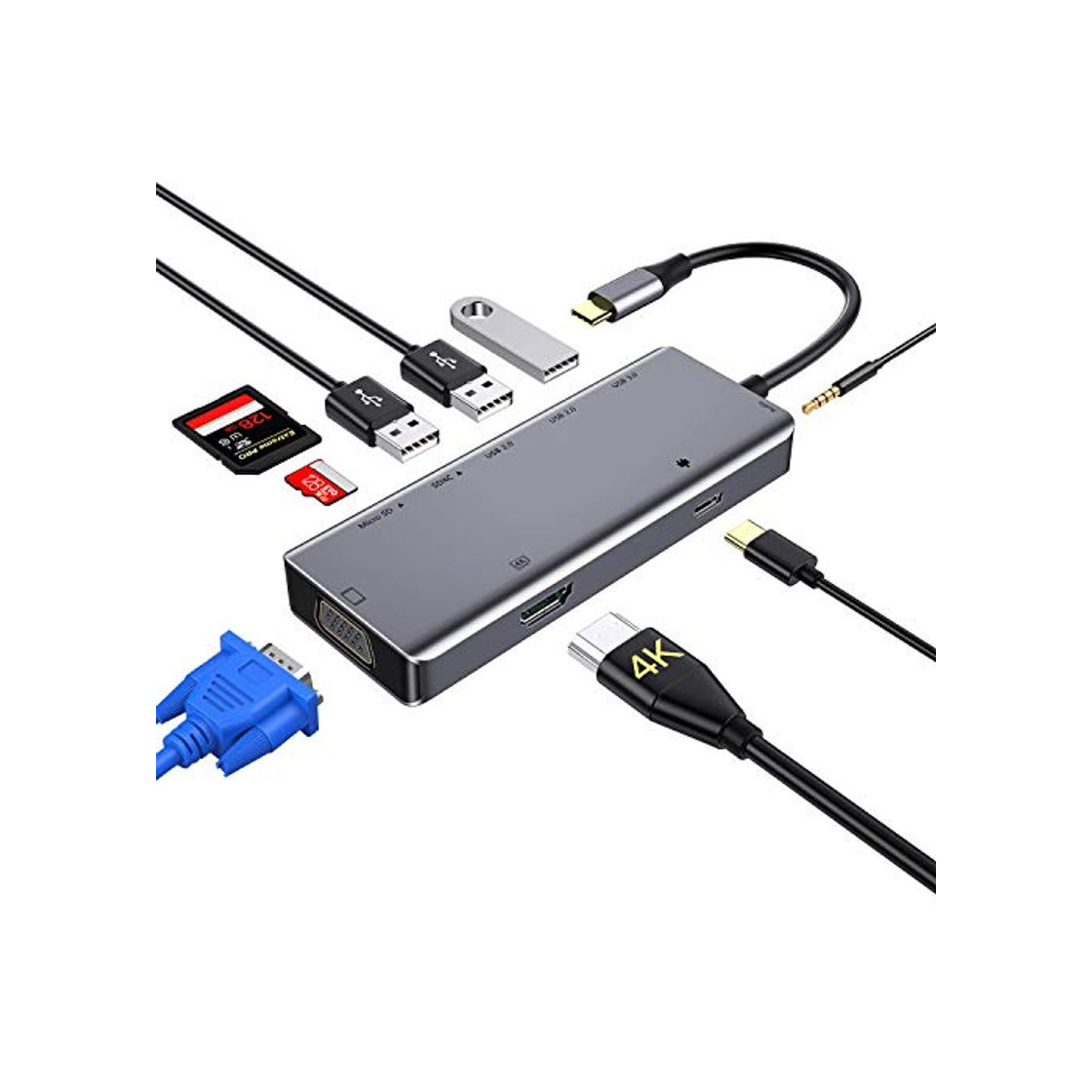 Social Hub USB C, concentrador Tipo c 9 en 1 con 4K HDMI,VGA,USB
