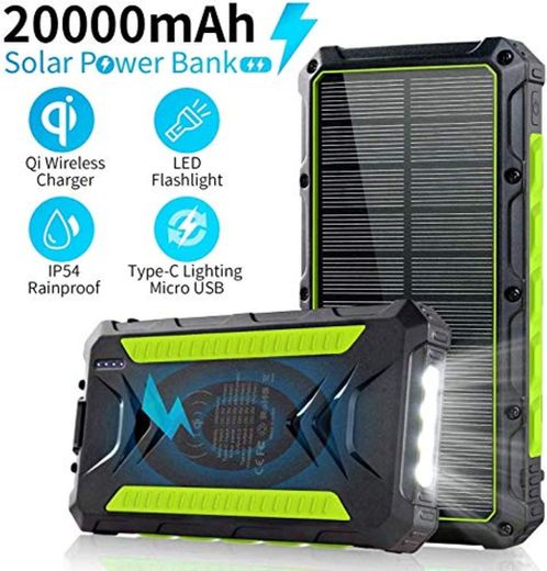 slols Power Bank Solar 20000mAh, Cargador Solar Portátil Batería Externa Móvil con