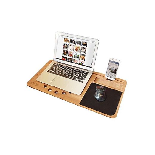 Mikamax – Lapzer Laptop Desk – Soporte Ordenador portatil – Mesa para Laptop – Grande – 100% Bambú – 59 x 31 x 2 cms – Lap desks – Soporte para Tablet – Incluye Mousepad y Compartimentos adicionales