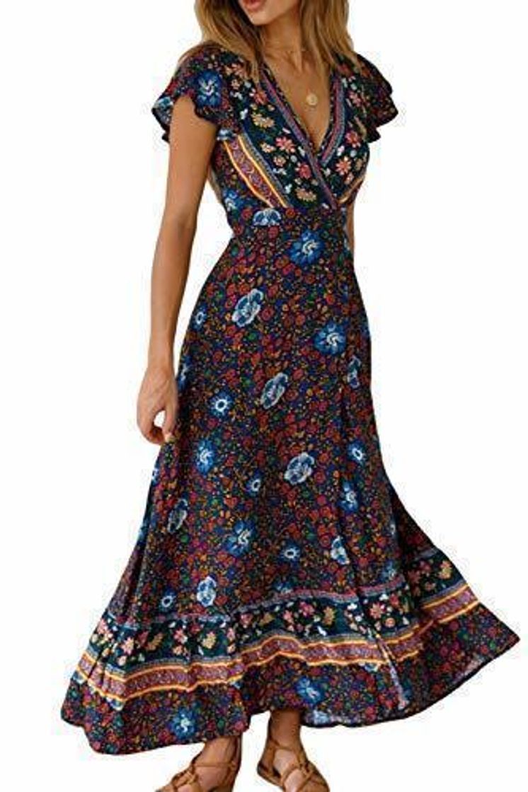 Vestido Mujer Bohemio Largo Verano Playa Fiesta Floral Manga Corta Cuello en