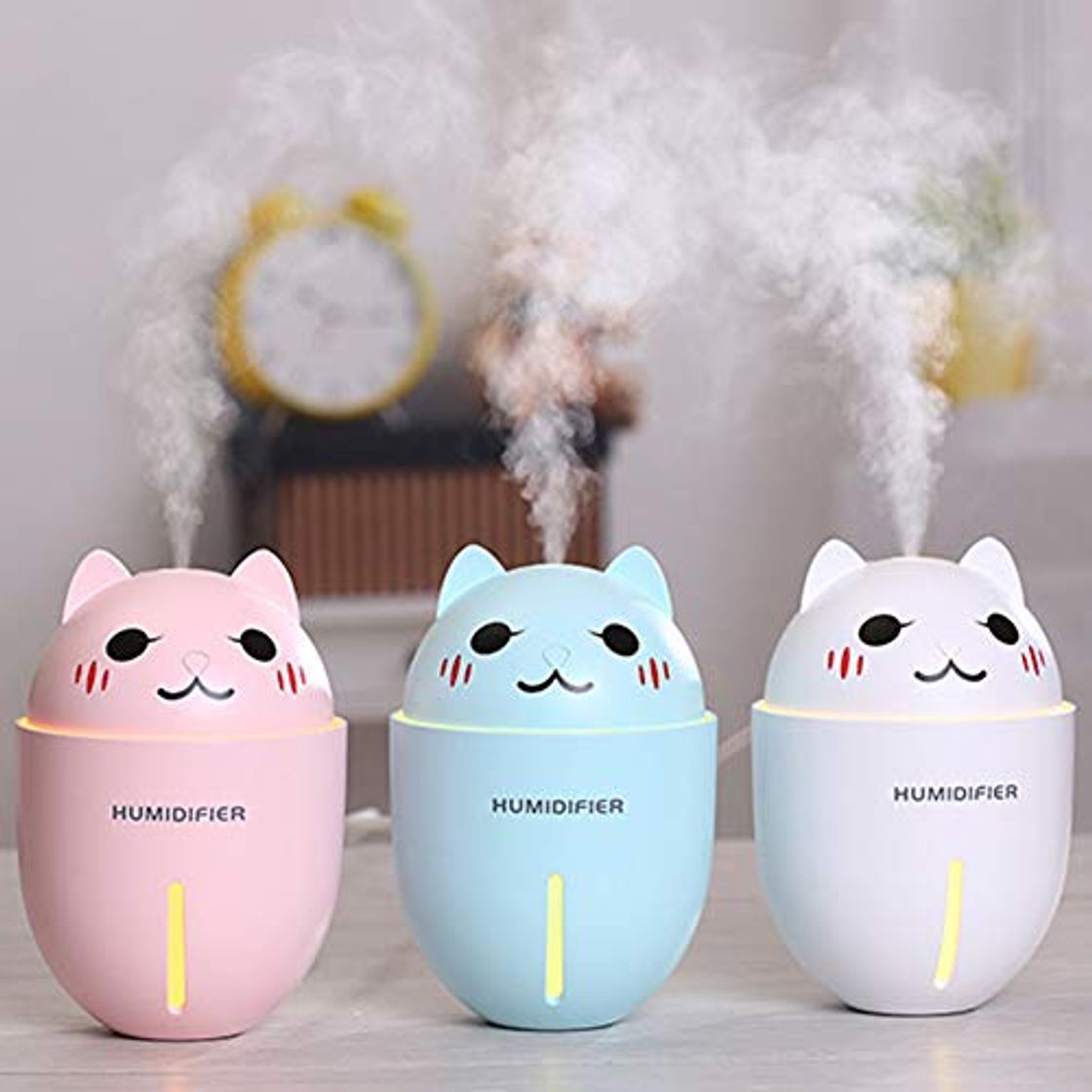 Product quanju cheer 320 Ml Puede Humidificador Mini Portátil Silencioso Dormitorio Escritorio Pequeño Coche USB Humidificador Tres En Uno Forma De Gato Mini Ventilador De Luz LED Azul