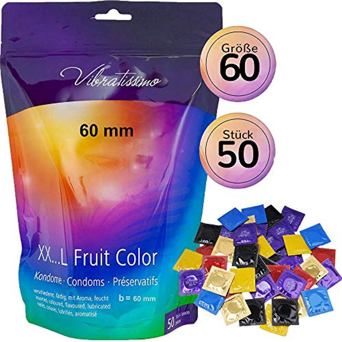 Producto Nuevo!! - Amor Vibratissimo®"MiTalla FRUIT COLOR 60mm" 50 pack preservativos