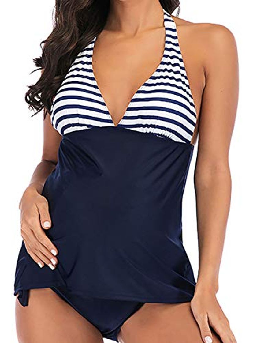 Producto Ropa Traje De Baño premamá de Maternidad Dos Piezas Sin Mangas Cuello Hálter Escote Triangular en V A Rayas Stripe Acolchado Tankini Top con Braguita de Bikini Bañador Azul Blanco M