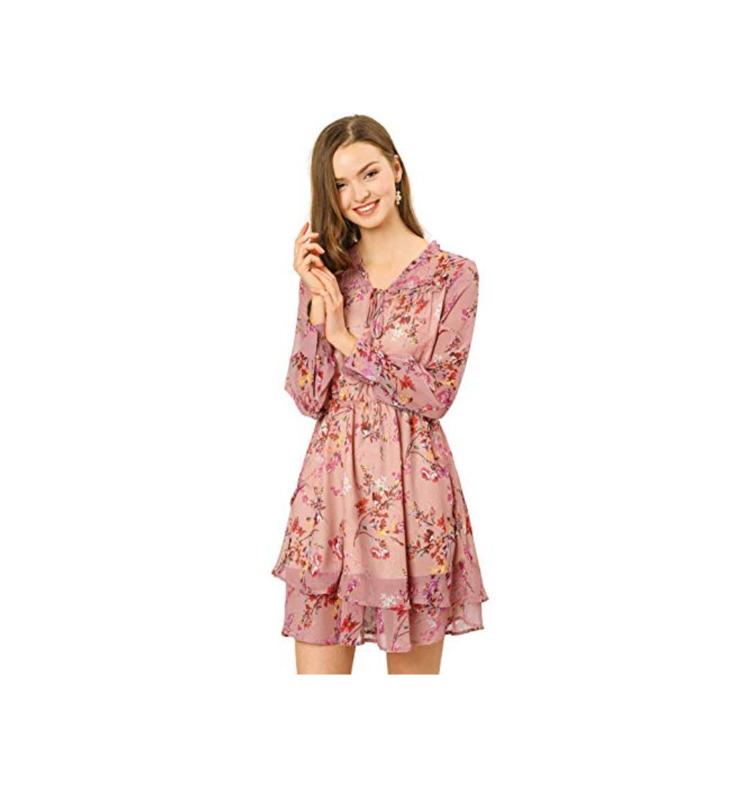 Fashion Allegra K Mini Vestido Floral De Gasa Vintage Cuello De Pico con Volantes En Capas para Mujeres Rosa M