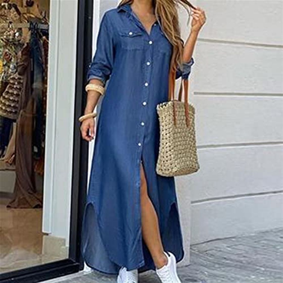 Moda Vestido de camisa de manga larga para mujer Otoño Impreso Vestidos largos